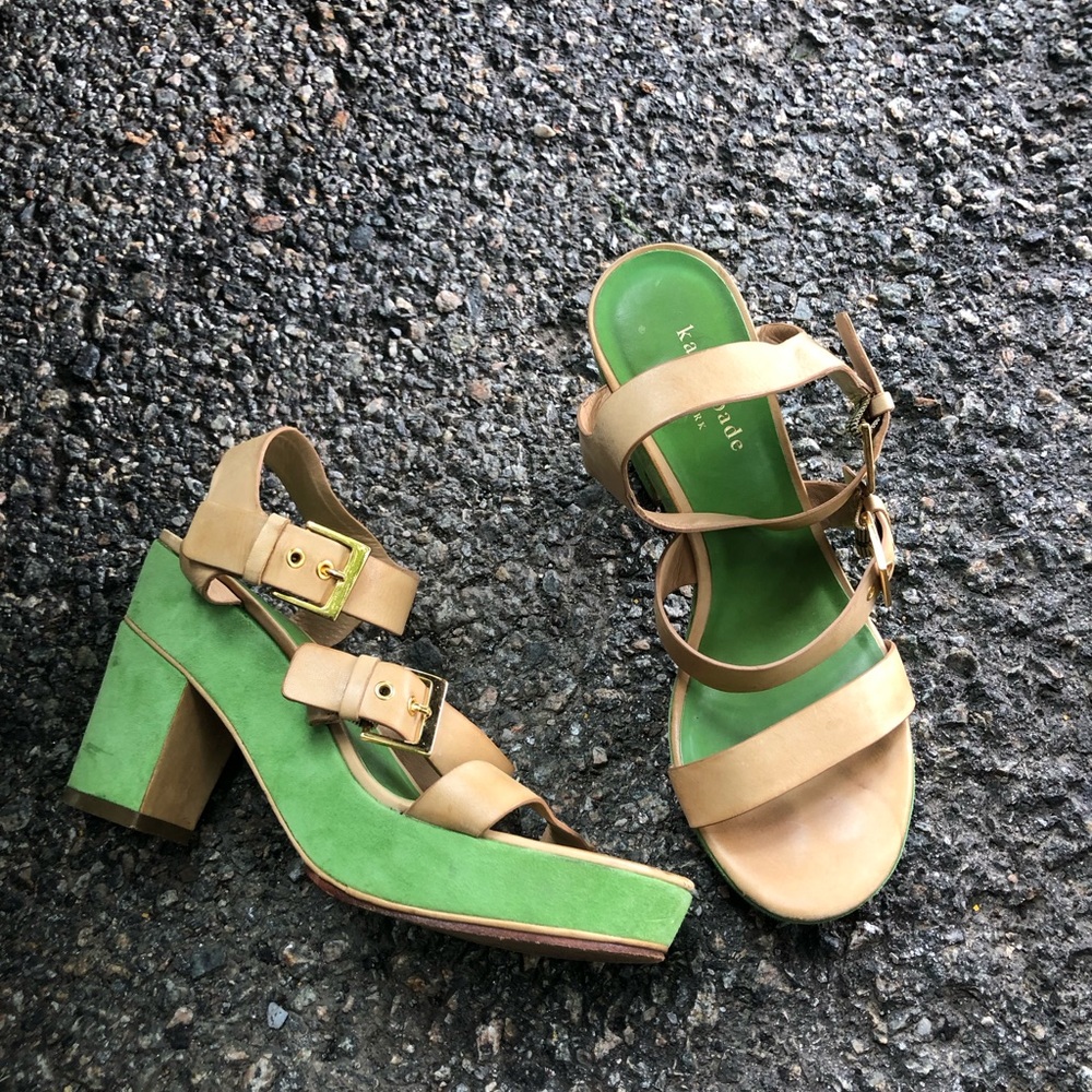 kate spade Green and Tan Suede Leather Block Heel Sandals